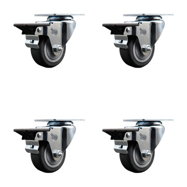 3'' Thermo Rubber Wheel Swivel Top Plate Caster Set with Posi Brake, 4PK